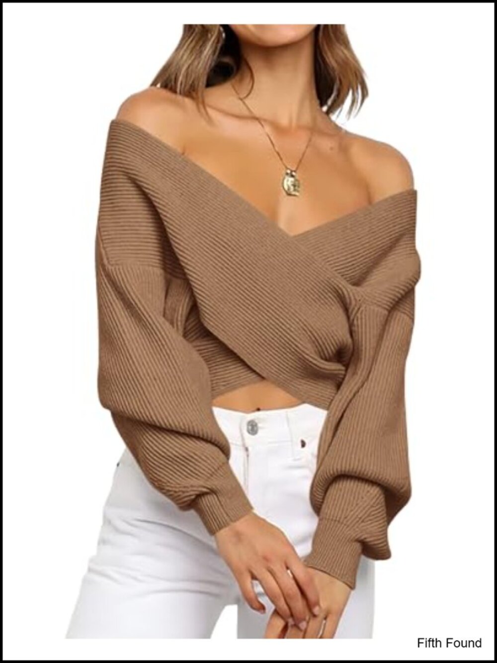 Off Shoulder Ribbed Knit Sweater Criss Cross Wrap V Neck Lantern Sleeve
